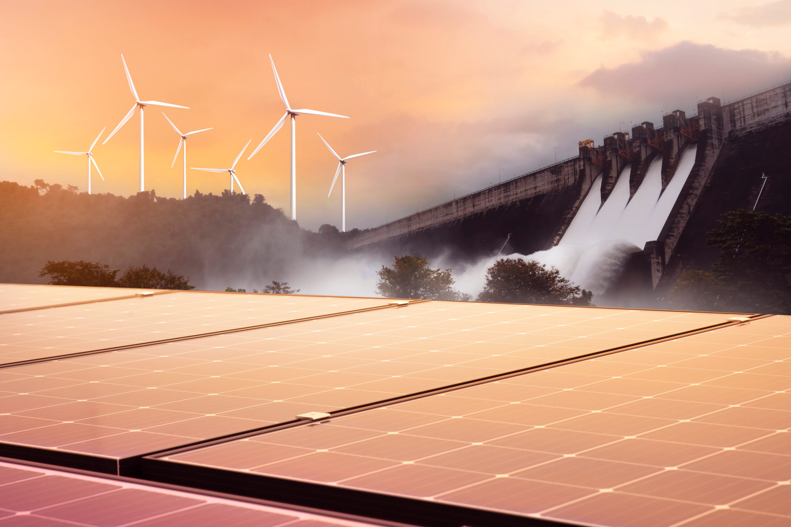 Electricity from solar panels, dams, and wind turbines.