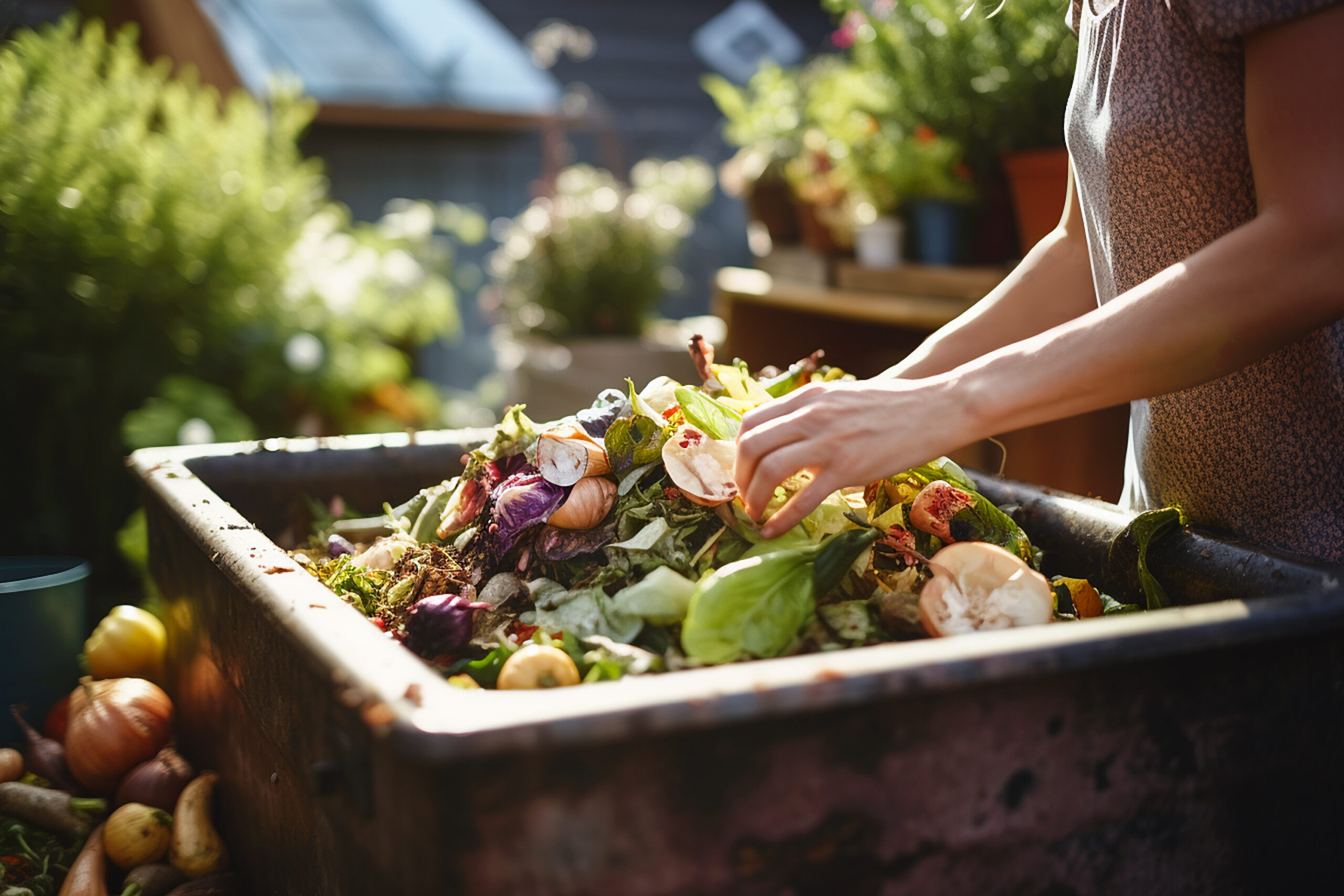 Woman composting food waste. Outdoor compost bin for reducing kitchen waste. Organic waste in garden composter, eco-friendly gardening, sustainability. Environmentally responsible, ecology