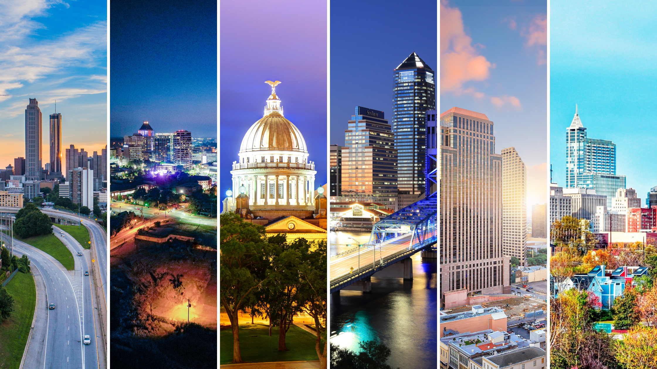 Cityscapes of Jackson, New Orleans, Jacksonville, Durham, Atlanta, and Greensboro
