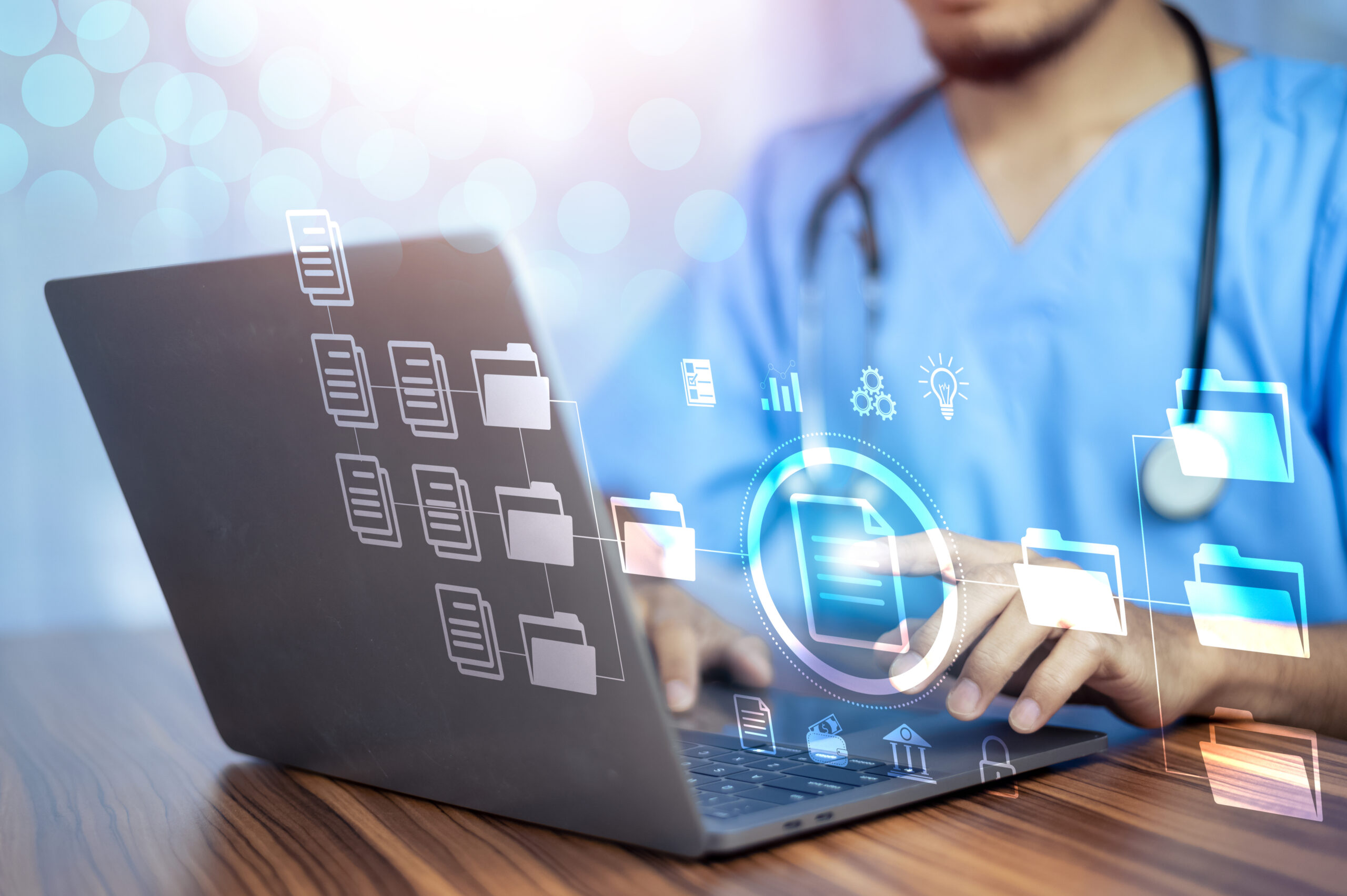 Doctor using computer Document Management System (DMS), online documentation database process automation to efficiently manage files