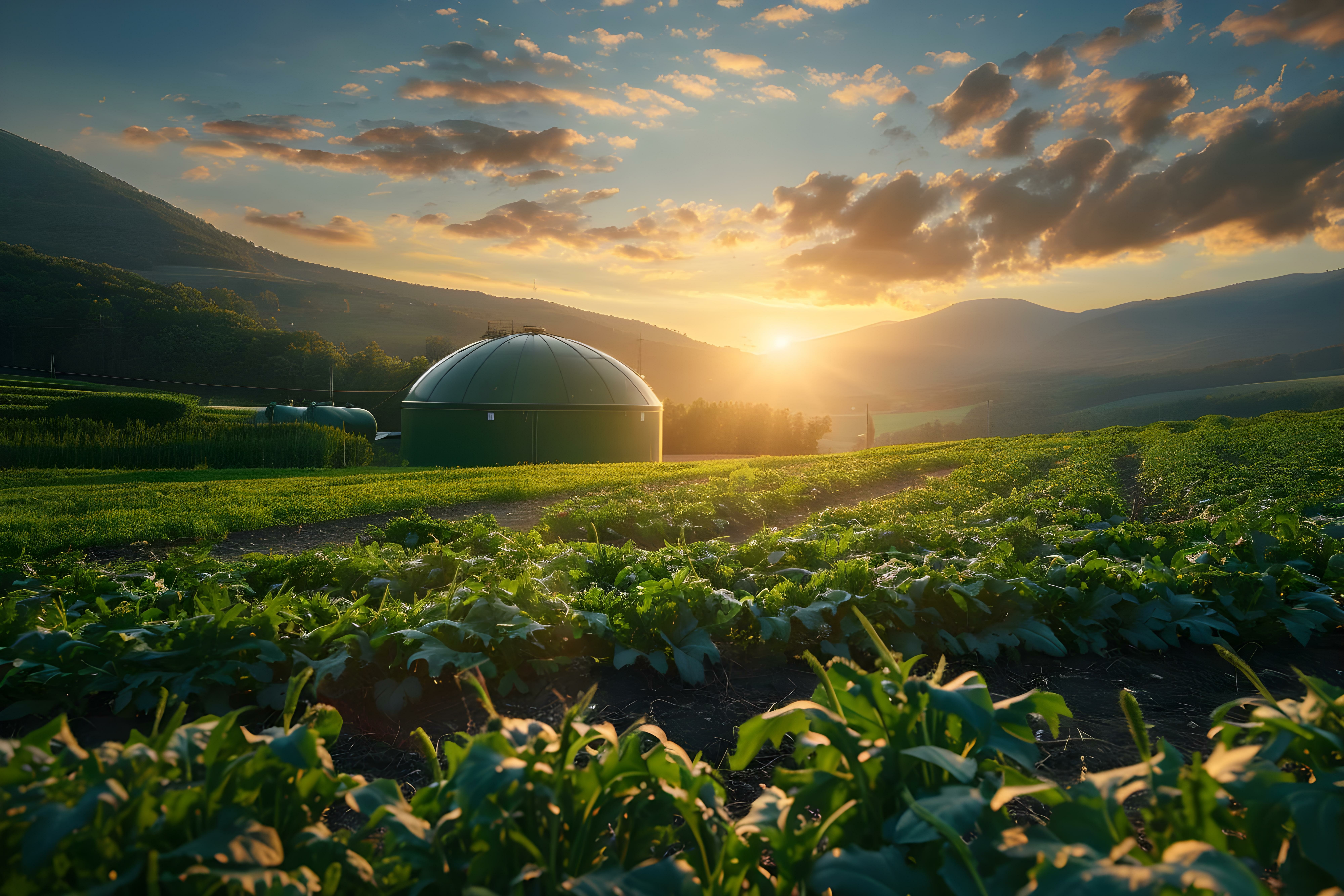 Biogas plant in rural area at sunset converting organic waste into bioenergy. Concept Bioenergy, Rural Development, Sustainable Technology, Renewable Energy, Environmental Conservation