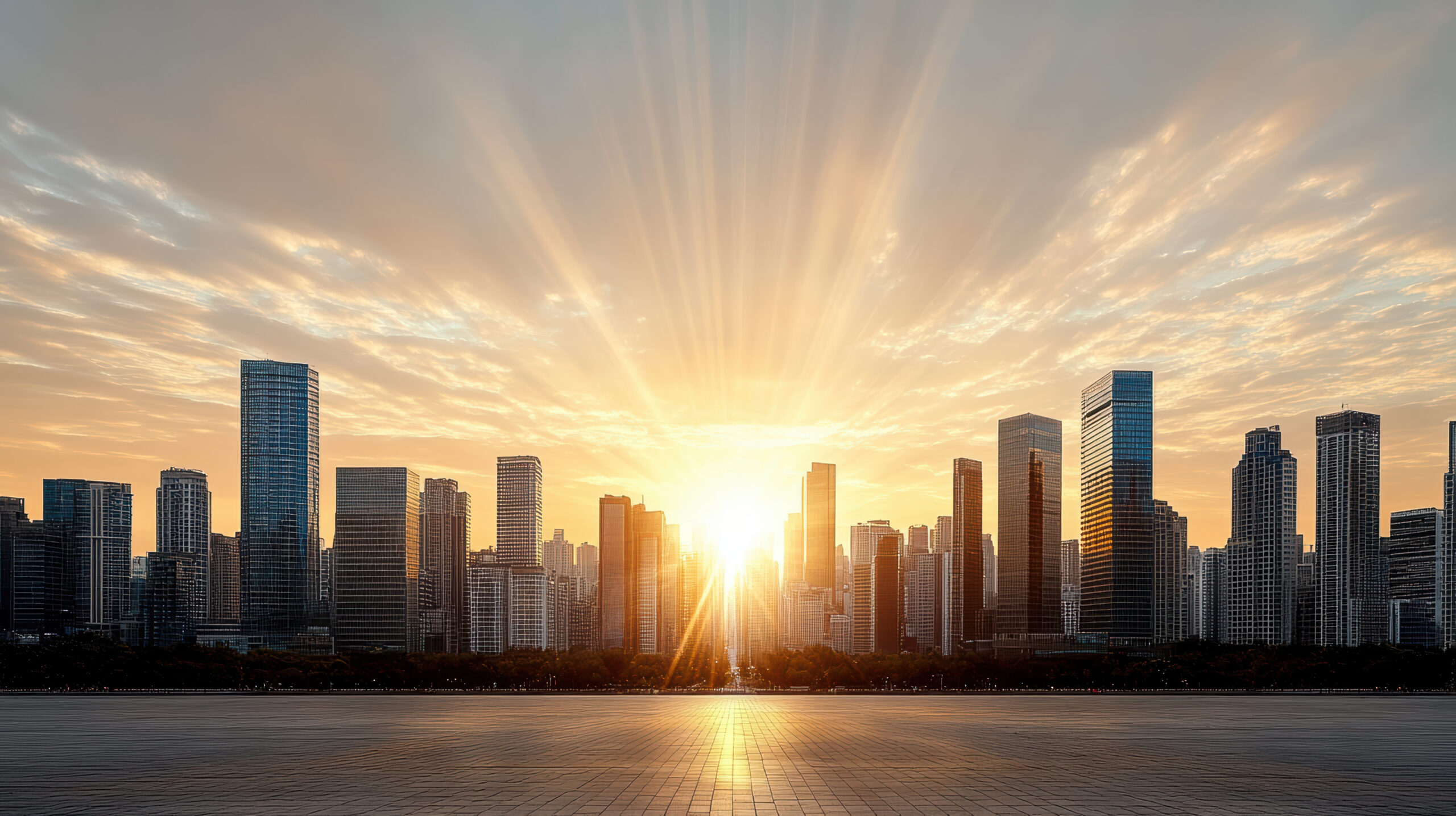 Golden sunrise over city skyline creates emotional warmth and beauty