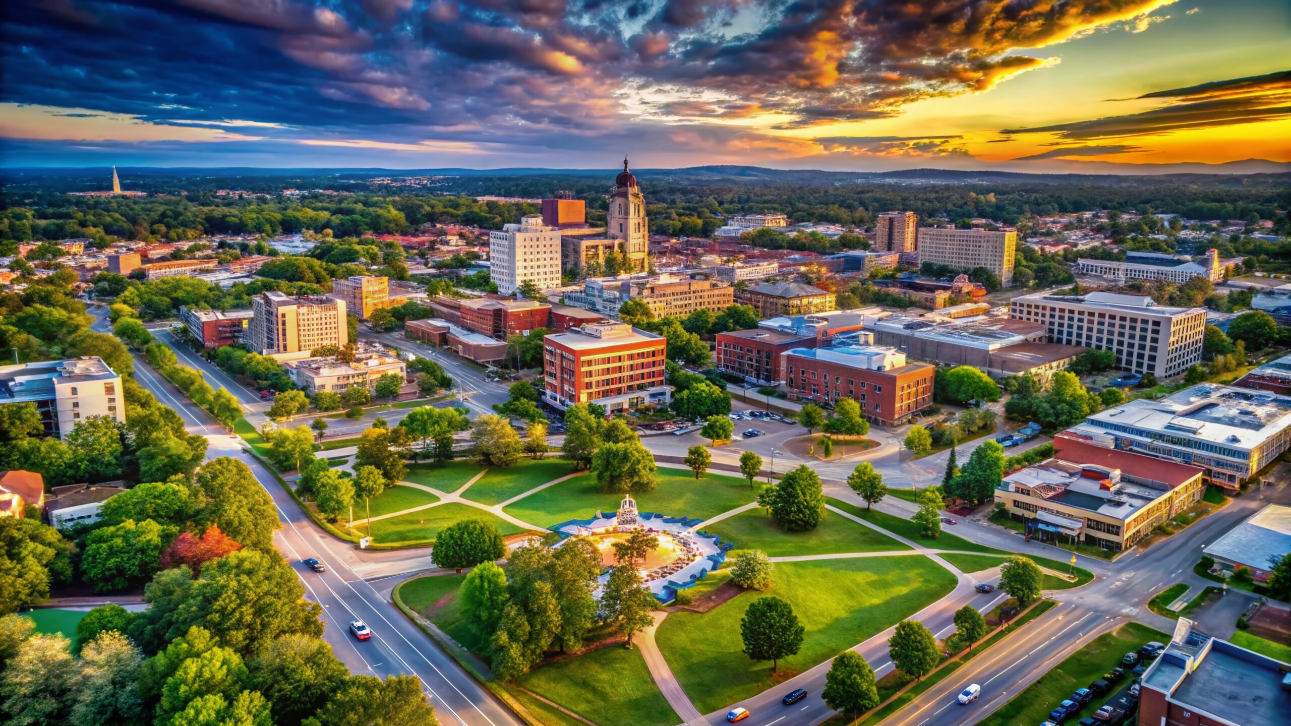 Stunning Aerial View of Spartanburg, SC: Wide Pullout Drone Photography